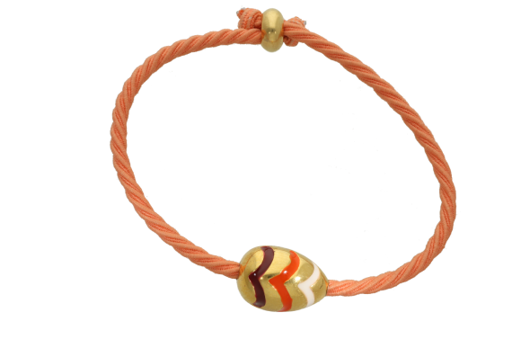 Βραχιόλι σε ορείχαλκο με αυγό με 3 ρίγες χρωματιστές και κορδόνι με μακραμέ