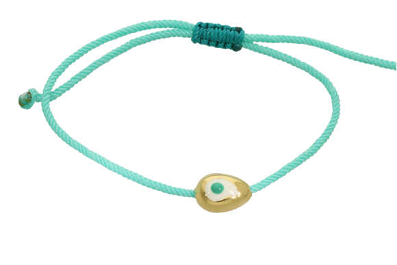 Βραχιόλι σε μπρούντζο επίχρυσο, Πασχαλινό Αυγό, γυαλιστερό μίνι με μάτι από λευκό και μπλε σμάλτο και κορδόνι.