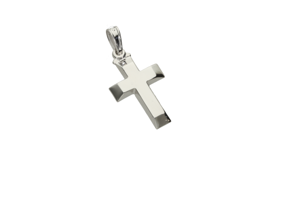Σταυρός Βάπτισης για αγόρι σε λευκόχρυσο 9Κ γυαλιστερός με διαγωνάλ άκρες