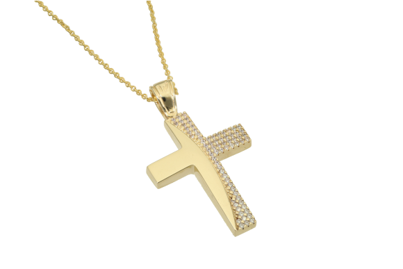 Σταυρός Βάπτισης σε χρυσό 9Κ  η μία πλευρά είναι μισή γυαλιστερή μισή με ζιργκόν και η άλλη πλευρά είναι γυαλιστερή (χωρίς αλυσίδα)