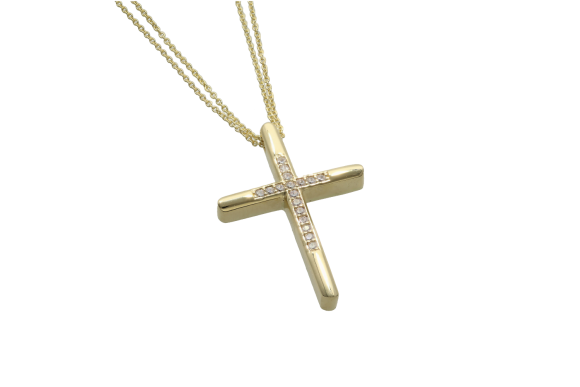 Σταυρός Βάπτισης σε χρυσό 9Κ η μία πλευρά είναι γυαλιστερή με τα ζιργκόν να σχηματίζουν έναν μιρκότερο σταρυρό και η άλλη γυαλιστερή