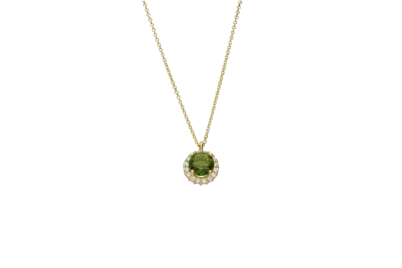 Κολιέ σε χρυσό 14Κ στρόγγυλη ροζέτα συρματερή με ζιργκόν και τουρμαλίνη πράσινη.