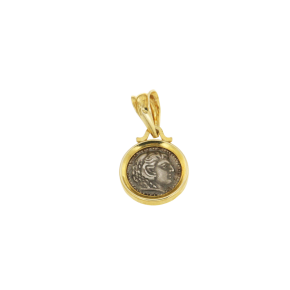 Μενταγιόν σε Ασήμι & επίχρυσο 925°  Στρόγγυλο γυαλιστερό στεφάνι με Νόμισμα Μ. Αλεξάνδρου με κεφαλή Ηρακλέως