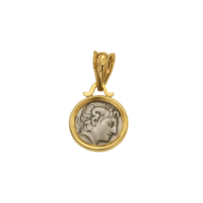 Μενταγιόν σε ασήμι & Χρυσό 14K, απλό γυαλιστερό Στεφάνι με Νόμισμα εποχής Λυσιμάχου με κεφαλή Μ. Αλεξάνδρου
