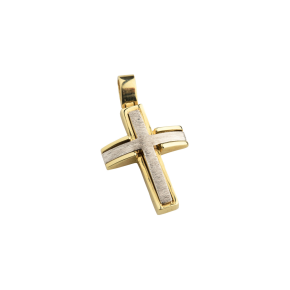 Σταυρός Βάπτισης για Αγόρι σε δίχρωμο χρυσό 14Κ, Ορθογώνιος δύο όψεων, με πομπέ πρόσθετο λυεκό ματ σταυρό στη μία πλευρά και πλακέ γυαλιστερός από την άλλη