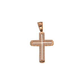 Σταυρός Βάπτισης Για Κορίτσι σε ροζ Χρυσό 14K διάτρητος πλακέ με παβέ Ζιργκόν