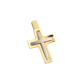 Σταυρός Βάπτισης για Αγόρια σε Δίχρωμο Χρυσό 14Κ με γυαλιστερό χρυσό σκελετό και λευκόχρυσο ματ στο κέντρο, δύο όψεων κοιλο και πομπέ