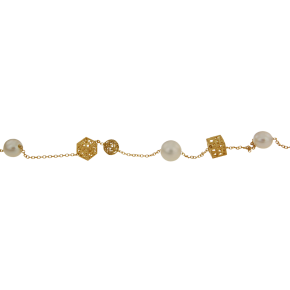 Βραχιόλι σε χρυσό 14Κ χειροποίητο αλυσιδωτό με δύο κύβους και μια σφαίρα και τρία μαργαριτάρια γλυκού νερού