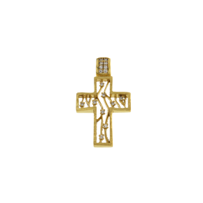 Σταυρός Βαπτιστικός για Κορίτσια σε χρυσό 14K χειροποίητος, ορθογώνιο ματ πλαίσιο με κυματιστά σαν κλαδιά με ζιργκόν 