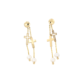 Σκουλαρίκια σε Χρυσό 14Κ κρεμαστά διπλή αλυσίδα με μίνι σταυρουδάκια και Μαργαριτάρια