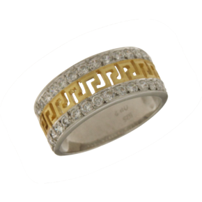 Δαχτυλίδι σε ασήμι 925° , βέρα φαρδυά με μαίανδρο επίχρυσο στο κέντρο στενό και με 2 σειρές ζιργκόν στα πλάγια