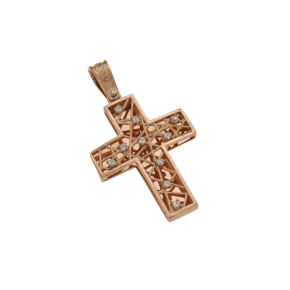 Σταυρός Βάπτισης για κορίτσι σε ροζ χρυσό 14Κ Ορθογώνιος γυαλιστερός με ματ σύρματα και διάσπαρτα ζιργκόν