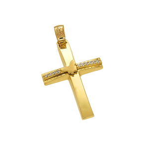  Σταυρός Βάπτισης για κορίτσι σε χρυσό 14Κ, Ορθογώνιος ελαφρώς πομπέ, γυαλιστερός με ένθετα ζιργκόν οριζοντίως και μια πεταλούδα στο κέντρο.