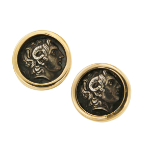 Σκουλαρίκια σε χρυσό 14K και ασήμι 925. Χειροποίητα με στεφάνι απλό γυαλιστερό και νόμισμα Μ. Αλεξάνδρου εποχής Λυσιμάχου