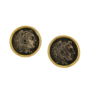 Σκουλαρίκια σε χρυσό 14K και ασήμι 925. Χειροποίητο απλό γυαλισερό στεφάνι με νόμισμα με Ηρακλή, εποχής Μ. Αλεξάνδρου