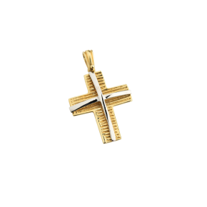 Σταυρός Βάπτισης για Αγόρι σε δίχρωμο χρυσό 14Κ, πλακέ ριγωτός στο κάτω μέρος με πρόσθετο σταρό σε λευκόχρυσο από πάνω