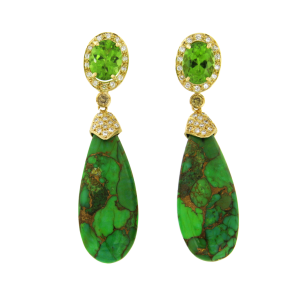 Μοναδικά σκουλαρίκια σε χρυσό 18Κ, χειροποίητα με Πράσινα Τυρκουάζ σε σχήμα δάκρυ, διαμάντια και περίδοτα με κλιπ