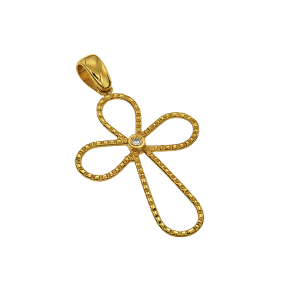 Σταυρός βάπτισης ή αρραβώνα σε χρυσό 18Κ, καμπυλωτός με στριφτό σχέδιο και ένα διαμάντι στο κέντρο