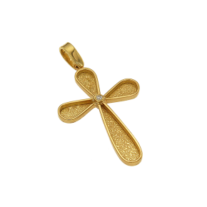 Σταυρός βάπτισης ή αρραβώνα σε χρυσό 18Κ καμπυλωτός, ματ στο εσωτερικό με γυαλιστερό πλαίσιο και ένα διαμάντι.