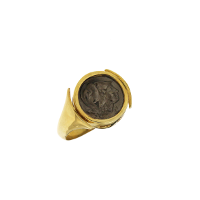 Δακτυλίδι σε ασήμι 925° επίχρυσο, με νόμισμα με κεφαλή Αθηνάς και πίσω Μαίανδρο με ζιργκόν.