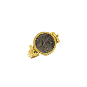 Δακτυλίδι σε ασήμι 925° επίχρυσο, με νόμισμα με κεφαλή Αθηνάς και πίσω Μαίανδρο με ζιργκόν.