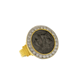 Δακτυλίδι σε ασήμι 925° επίχρυσο και μαυρισμένο, με γύρω ζιργκόν και νόμισμα ελληνική δραχμή με κεφαλή Αθηνάς και πίσω κουκουβάγια.