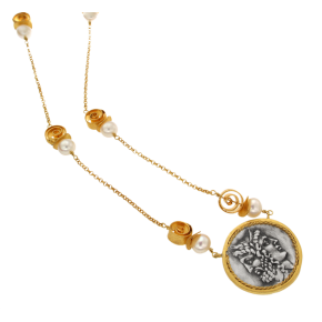 Κολιέ ασήμι 925° Επίχρυσο αλυσίδα βυζαντινή με σπείρες μεσαίες, νυφάδες και μαργαριτάρια με Νόμισμα Τενεδίων, με διπλή κεφαλή, πιθανώς του Δία και της Ήρας και πίσω διπλό πέλεκυ, συλλογή Greek Coin.