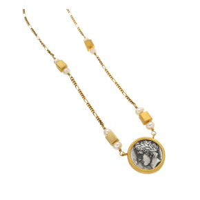 Κολιέ ασήμι 925° Επίχρυσο με αλυσίδα γκουρμέτ με κυβάκια και μαργαριτάρια με Νόμισμα με κεφαλή Απόλλωνα και πίσω λύρα