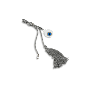 Γούρι σπιτιού Ρόδι από πλέξι γκλας με μάτι και κύκλο ευχών, δεμένο σε κορδόνι και φούντα γκρι