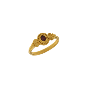 Δακτυλίδι σε χρυσό 18Κ χειροποίητο οβάλ με κοκκίδωση και σπείρες από στριφτό σύρμα με ένα οβάλ ρουμπίνι