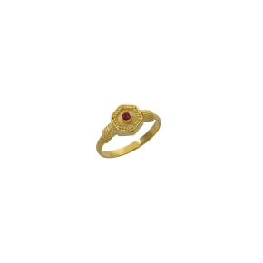 Δακτυλίδι Βυζαντινό σε χρυσό 18Κ χειροποίητο με εξαγωνικό μοτίφ που φέρει κοκκίδωση γύρω γύρω και στο κέντρο έχει ένα ρουμπίνι