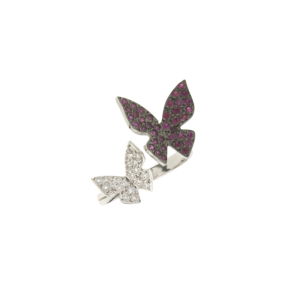 Δαχτυλίδι σε Λευκόχρυσο 18K Πεταλούδες με Διαμάντια και Ρουμπίνια  