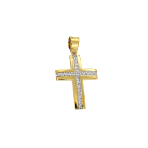 Βαπτιστικός Σταυρός για Κορίτσι σε Ροζ Χρυσό 14K Φαρδύς ορθογώνιος πλακέ με παβέ Ζιργκόν