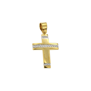 Βαπτιστικός Σταυρός για Κορίτσι σε Δίχρωμο Χρυσό 14K πομπέ με 3 σειρές ζιργκόν 