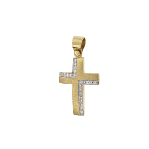 Σταυρός Βάπτισης Για Κορίτσι σε Δίχρωμο Χρυσό 14Κ Ορθογώνιος Ματ & Γυαλιστερό με Ζιργκόν