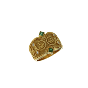 Δαχτυλίδι σε Χρυσό 18K Χειροποίητο με κοκκίδωση,  Διαμάντια και Σμαράγδια από τη Συλλογή 
