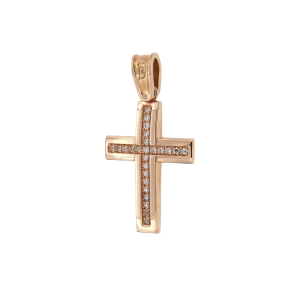 Γυνακείος σταυρός, βαπτιστικός για κορίτσι σε Ροζ Χρυσό 14Κ Ορθογώνιο Γυαλιστερό πομπέ με Ζιργκόν 