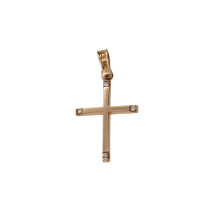 Βαπτιστικός Σταυρός για κορίτσι σε Ροζ Χρυσό 14K Ορθογώνιος λουστρέ με 4 ζιργκόν