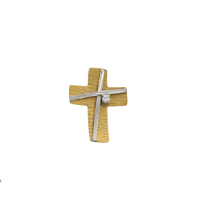 Σταυρός Βάπτισης για Κορίτσι σε Δίχρωμο Χρυσό 14K Ορθογώνιος φαρδύς κυρτός με ζιργκόν