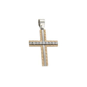 Σταυρός Βαπτιστικός Για Κορίτσι σε Δίχρωμο Χρυσό 14K Ορθογώνιος με ένθετο λευκό και ζιργκόν