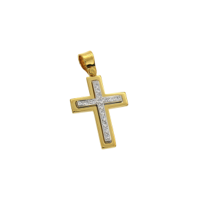 Σταυρός Βάπτισης Για Κορίτσι σε Δίχρωμο Χρυσό 14K Ορθογώνιος με ένθετο λευκό και ζιργκόν