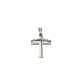 Σταυρός Βάπτισης για Κορίτσι σε λευκόχρυσο 14K Πομπέ κούφιος με έκκεντρο σταυρό με Ζιργκόν  