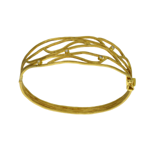 Βραχιόλι σε χρυσό 18Κ χειροποίητη χειροπέδα από τετραγωνισμένα σύρματα και με 4 μπουράκια με διαμάντια