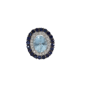 Δαχτυλίδι Ροζέτα σε Λευκόχρυσο Κ18 και Οβάλ σχήμα με Ακουμαρίνα, Ζαφείρια και Διαμάντια