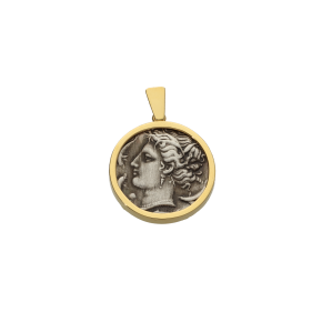 Μενταγιόν σε ασήμι και χρυσό 14Κ, στεφάνι με αργυρό Νόμισμα Συρακουσών με κεφαλή Αρεθούσας. Συλλογή Greek Coin.