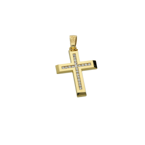 Σταυρός Βάπτισης για κορίτσι σε χρυσό 14Κ δύο όψεων με έναν σταυρό από ζιργκόν από την μία πλευρά και τον Χριστό από την άλλη