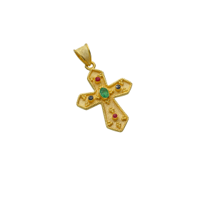 Σταυρός βάπτισης ή αρραβώνα σε χρυσό 18Κ  βυζαντινός με γωνιώδεις άκρες, κοκκίδωση, 1 οβάλ σμαράγδι στο κέντρο και μικρά στρογγυλά ζαφείρια και ρουμπίνια στις τέσσερις άκρες