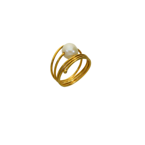Δαχτυλίδι σε Χρυσό 14K, χειροποίητο πενταπλό σύρμα γυριστό με ένα Μαργαριτάρι γλυκού νερού.