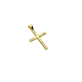Σταυρός Βάπτισης για κορίτσι σε χρυσό 14Κ λεπτός με ζιργκόν στις άκρες του σταυρού