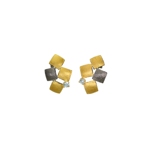 Σκουλαρίκια σε ασήμι και χρυσό 22Κ με μοτίφ τετράγωνα και ακουαμαρίνα
